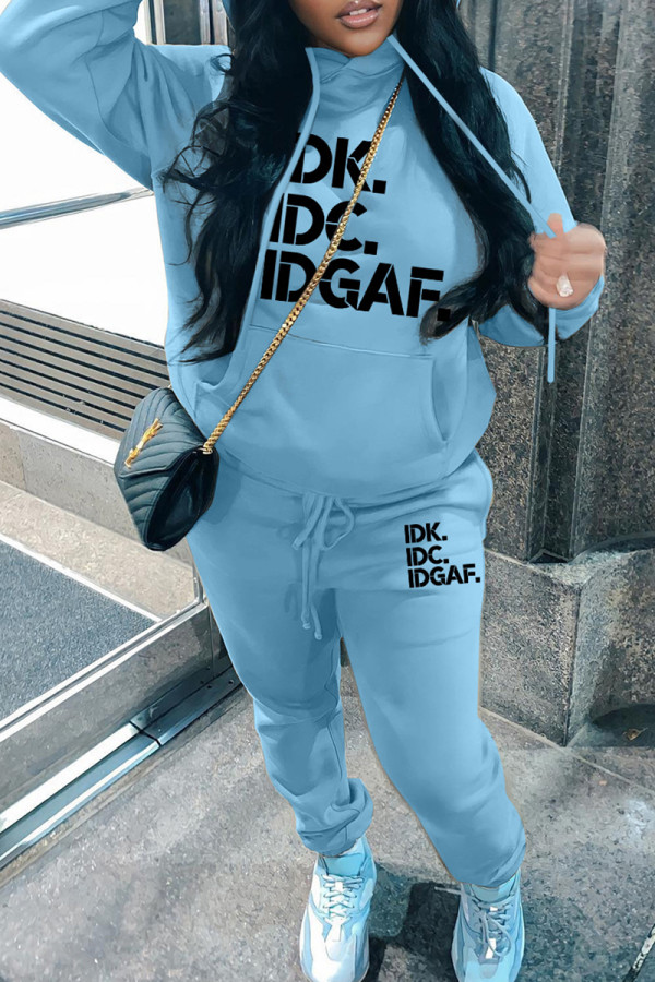 Sky Blue Casual Letter Print Basic Hooded Collar Long Sleeve Two Pieces