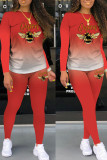 Red Casual Gradual Change Print Patchwork O Neck Long Sleeve Two Pieces