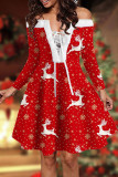 Red Sexy Print Bandage Patchwork Off the Shoulder A Line Dresses