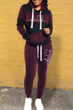 Burgundy Casual Print Patchwork Contrast Hooded Collar Long Sleeve Two Pieces