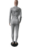 Grey Casual Print Basic Hooded Collar Long Sleeve Two Pieces