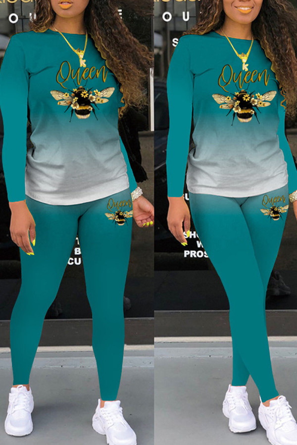 Lake Green Casual Gradual Change Print Patchwork O Neck Long Sleeve Two Pieces