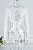 White Sexy Solid Hollowed Out Frenulum O Neck Skinny Romper
