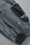 Blue Casual Print Ripped Oblique Collar Long Sleeve Two Pieces