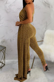 Gold Casual Solid Patchwork Oblique Collar Skinny Jumpsuits