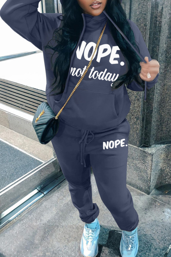 Navy Blue Casual Letter Print Basic Hooded Collar Long Sleeve Two Pieces