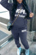 Navy Blue Casual Letter Print Basic Hooded Collar Long Sleeve Two Pieces