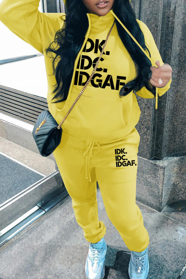 Yellow Casual Letter Print Basic Hooded Collar Long Sleeve Two Pieces