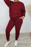 Burgundy Casual Solid Patchwork Basic O Neck Long Sleeve Two Pieces