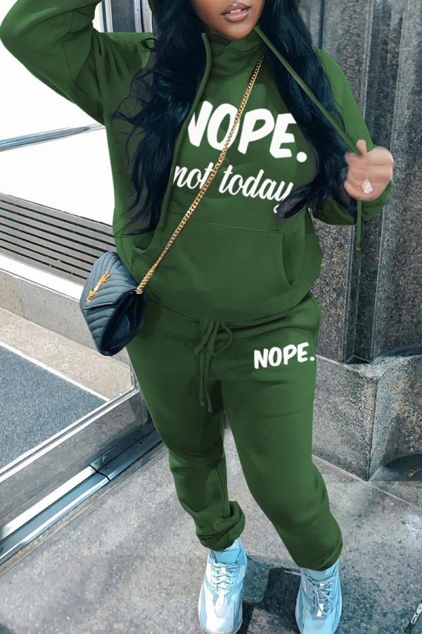 Green Casual Letter Print Basic Hooded Collar Long Sleeve Two Pieces