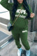 Green Casual Letter Print Basic Hooded Collar Long Sleeve Two Pieces