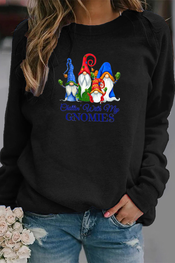 Black Casual Print Santa Claus Basic O Neck Tops