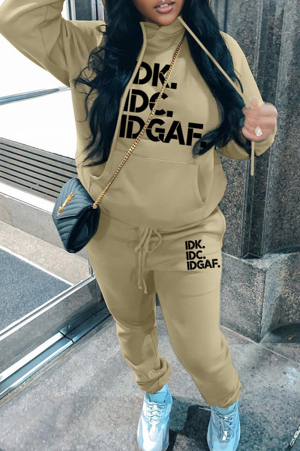 Khaki Casual Letter Print Basic Hooded Collar Long Sleeve Two Pieces
