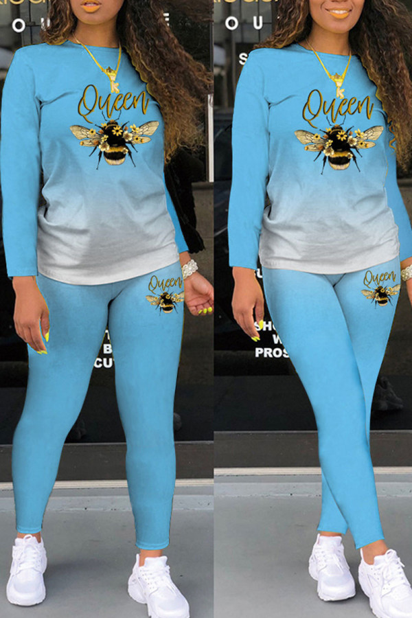 Sky Blue Casual Gradual Change Print Patchwork O Neck Long Sleeve Two Pieces