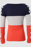 Orange Casual Print Hollowed Out Patchwork O Neck Tops
