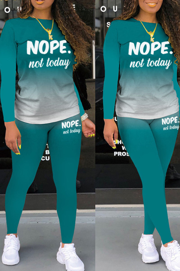 Cyan Green Casual Print Patchwork O Neck Long Sleeve Two Pieces