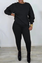 Black Casual Solid Patchwork Basic O Neck Long Sleeve Two Pieces