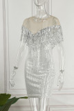 Silver Sexy Patchwork Tassel Sequins See-through O Neck Evening Dress Dresses
