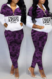 Purple Casual Letter Camouflage Print Patchwork Zipper Collar Long Sleeve Two Pieces