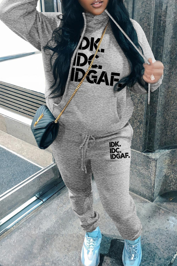 Grey Casual Letter Print Basic Hooded Collar Long Sleeve Two Pieces