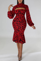 Red Sexy Print Patchwork Flounce Half A Turtleneck Long Sleeve Two Pieces