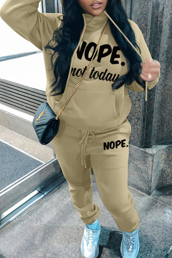 Khaki Casual Letter Print Basic Hooded Collar Long Sleeve Two Pieces