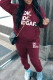 Burgundy Casual Letter Print Basic Hooded Collar Long Sleeve Two Pieces