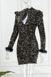 Green Sexy Patchwork Hollowed Out Sequins O Neck Long Sleeve Dresses