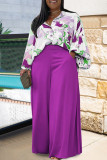 Purple Casual Print Patchwork Turndown Collar Plus Size Two Pieces