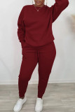 Burgundy Casual Solid Patchwork Basic O Neck Long Sleeve Two Pieces