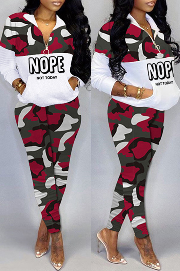 Red Casual Letter Camouflage Print Patchwork Zipper Collar Long Sleeve Two Pieces
