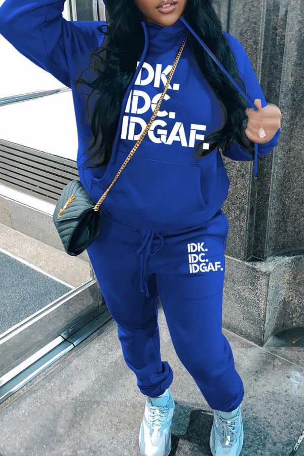 Blue Casual Letter Print Basic Hooded Collar Long Sleeve Two Pieces