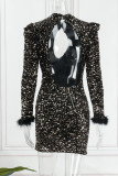 Green Sexy Patchwork Hollowed Out Sequins O Neck Long Sleeve Dresses
