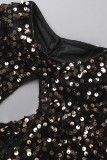 Green Sexy Patchwork Hollowed Out Sequins O Neck Long Sleeve Dresses