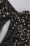 Green Sexy Patchwork Hollowed Out Sequins O Neck Long Sleeve Dresses