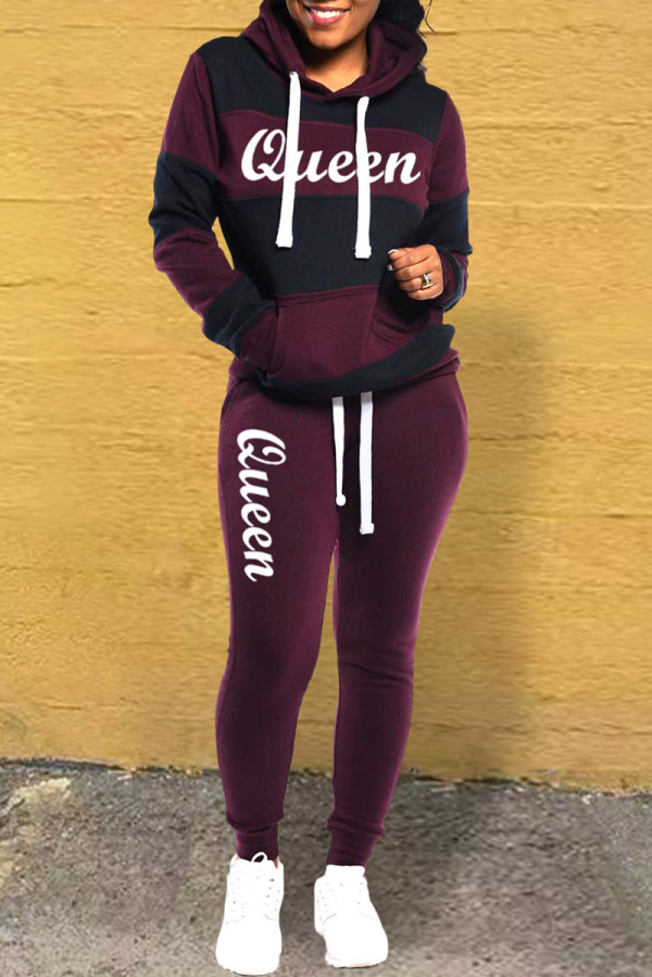 Black Casual Letter Striped Print Patchwork Contrast Hooded Collar Long Sleeve Two Pieces