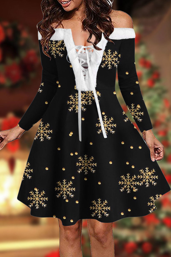 Black Sexy Print Bandage Patchwork Off the Shoulder A Line Dresses