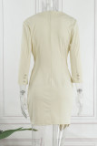 Apricot Casual Solid Patchwork V Neck Long Sleeve Dresses