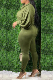 Army Green Casual Solid Zipper Turndown Collar Jumpsuits