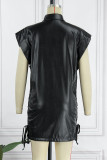 Black Sexy Solid Bandage Patchwork Buckle Turndown Collar Straight Dresses