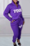 Red Casual Print Letter Zipper Collar Long Sleeve Two Pieces