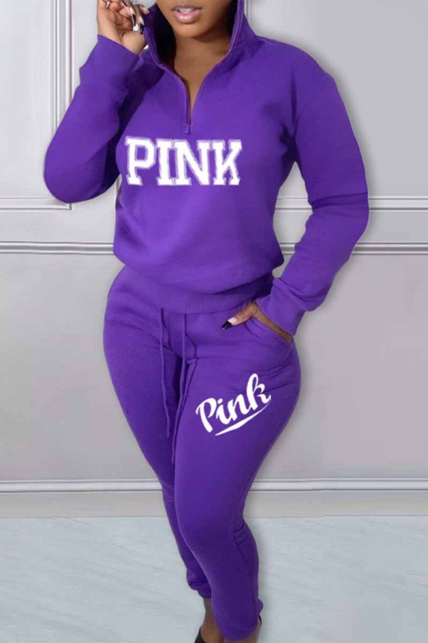 Purple Casual Print Letter Zipper Collar Long Sleeve Two Pieces