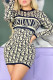 Dark Blue Street Letter Patchwork O Neck One Step Skirt Dresses