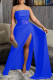 Blue Party Formal Patchwork Solid Slit Strapless Dresses