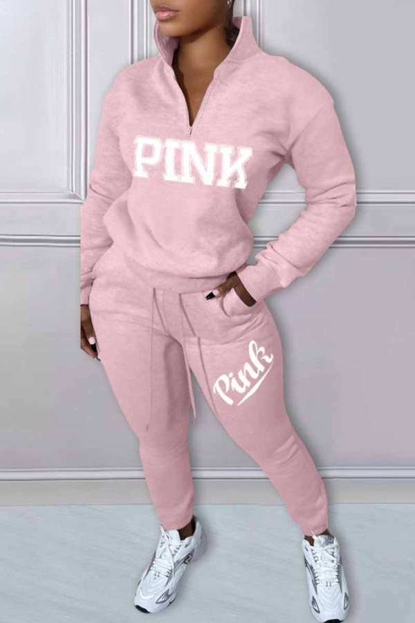 Pink Casual Print Letter Zipper Collar Long Sleeve Two Pieces