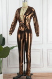 Rose Gold Sexy Solid Patchwork V Neck Skinny Jumpsuits