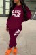 Burgundy Casual Print Letter Hooded Collar Long Sleeve Two Pieces