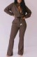 Coffee Casual Print Patchwork Zipper Collar Long Sleeve Two Pieces