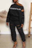 Grey Street Print Ripped Letter Oblique Collar Long Sleeve Two Pieces
