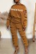Dark Brown Street Print Ripped Letter Oblique Collar Long Sleeve Two Pieces